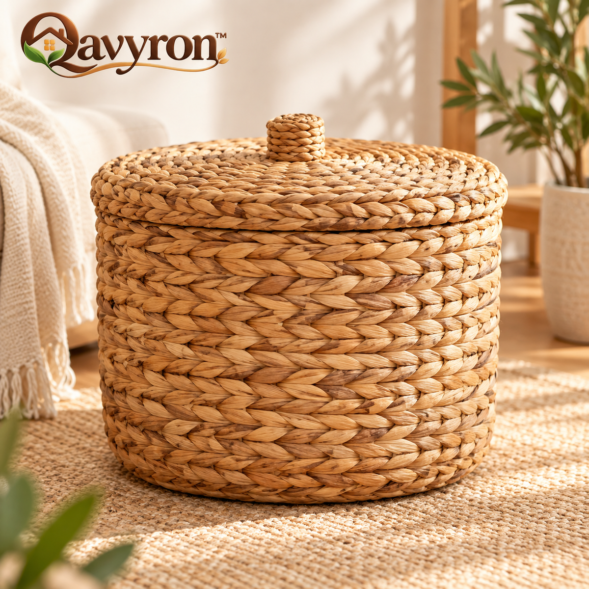 Qavyron™ Natural Woven Lidded Storage Basket