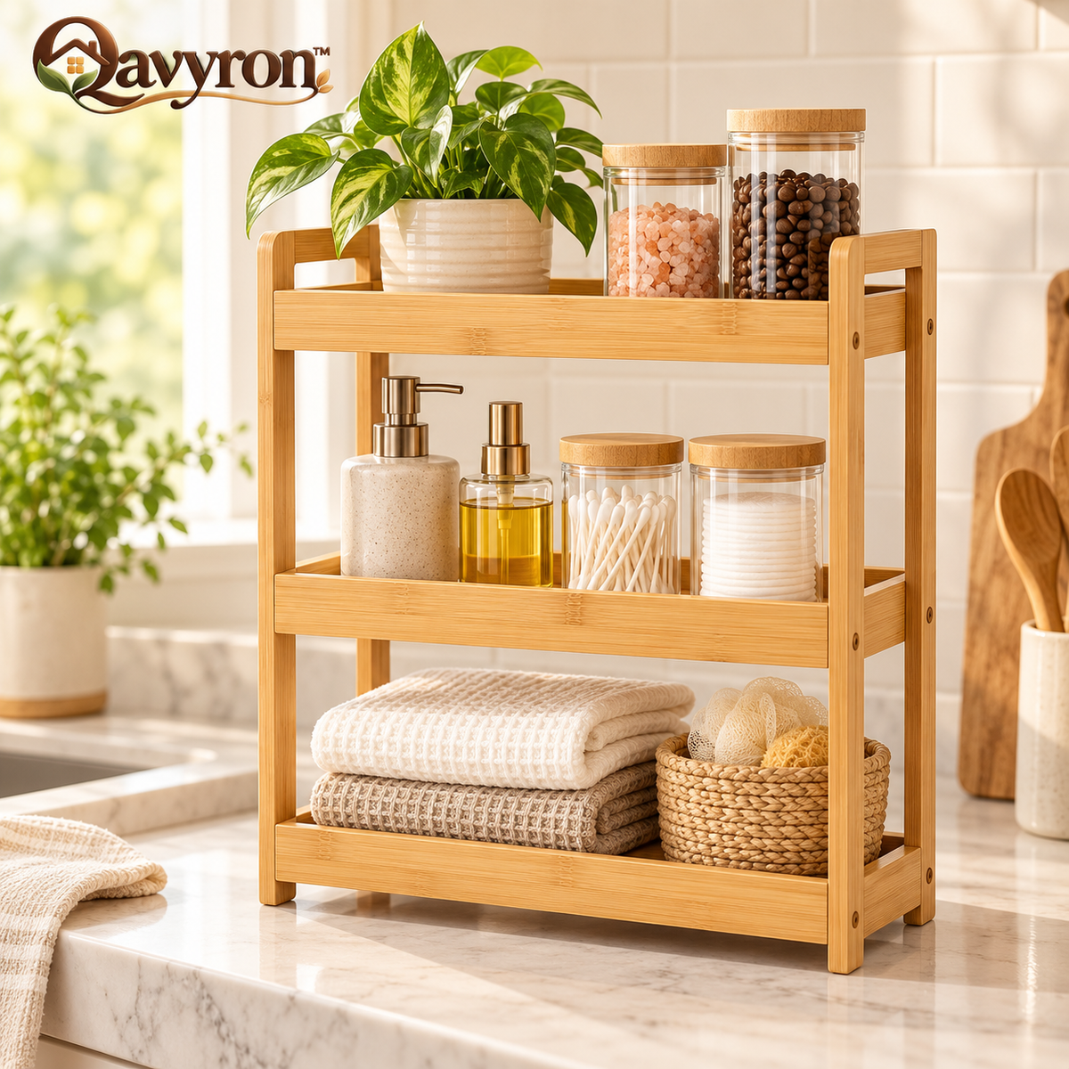 Qavyron™ 3-Tier Bamboo Countertop Organizer Rack