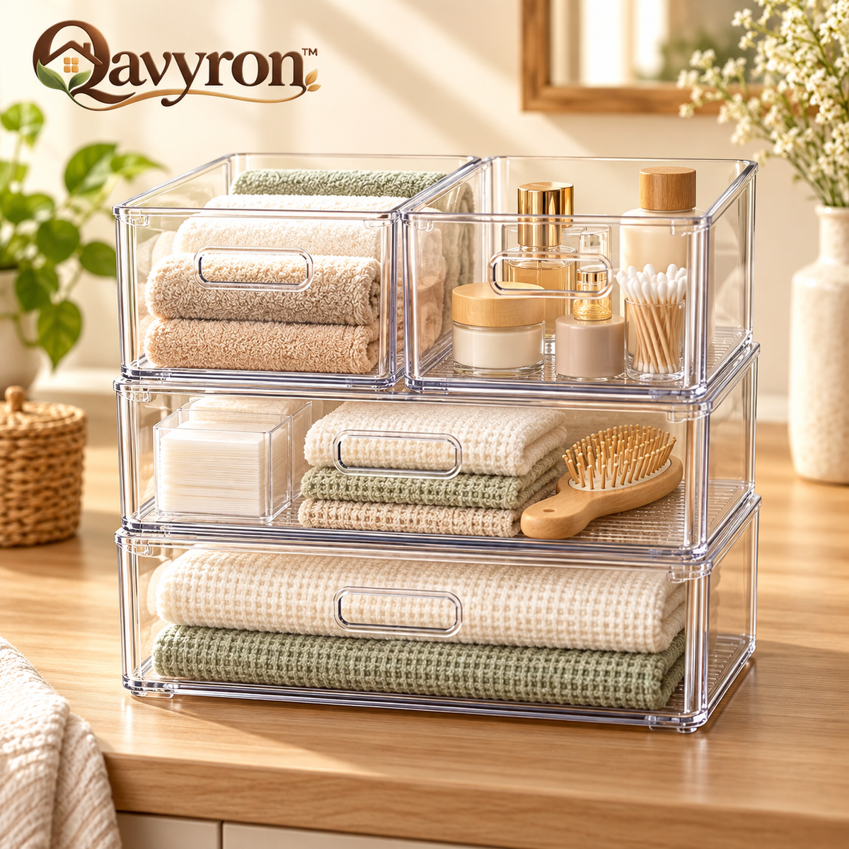 Qavyron clear stackable drawer organizer