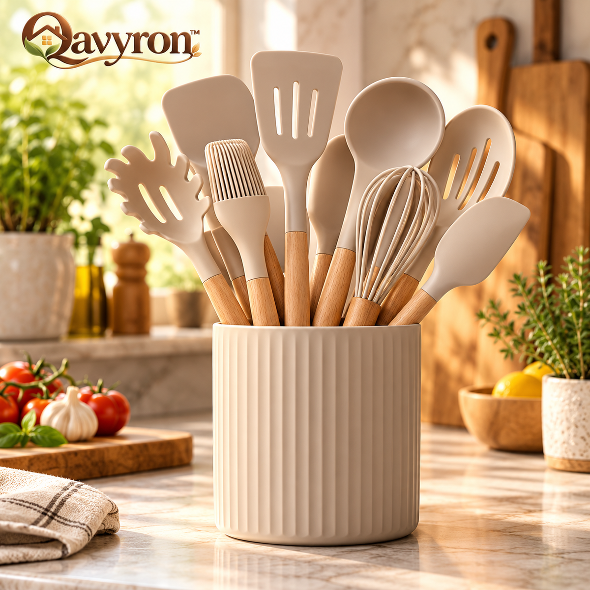Qavyron™ Silicone Kitchen Utensil Set with Wooden Handles