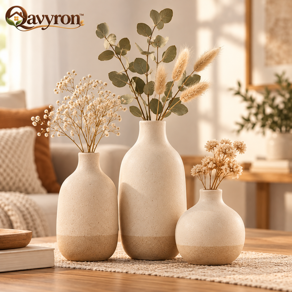 Qavyron™ Neutral Ceramic Decorative Vase Trio