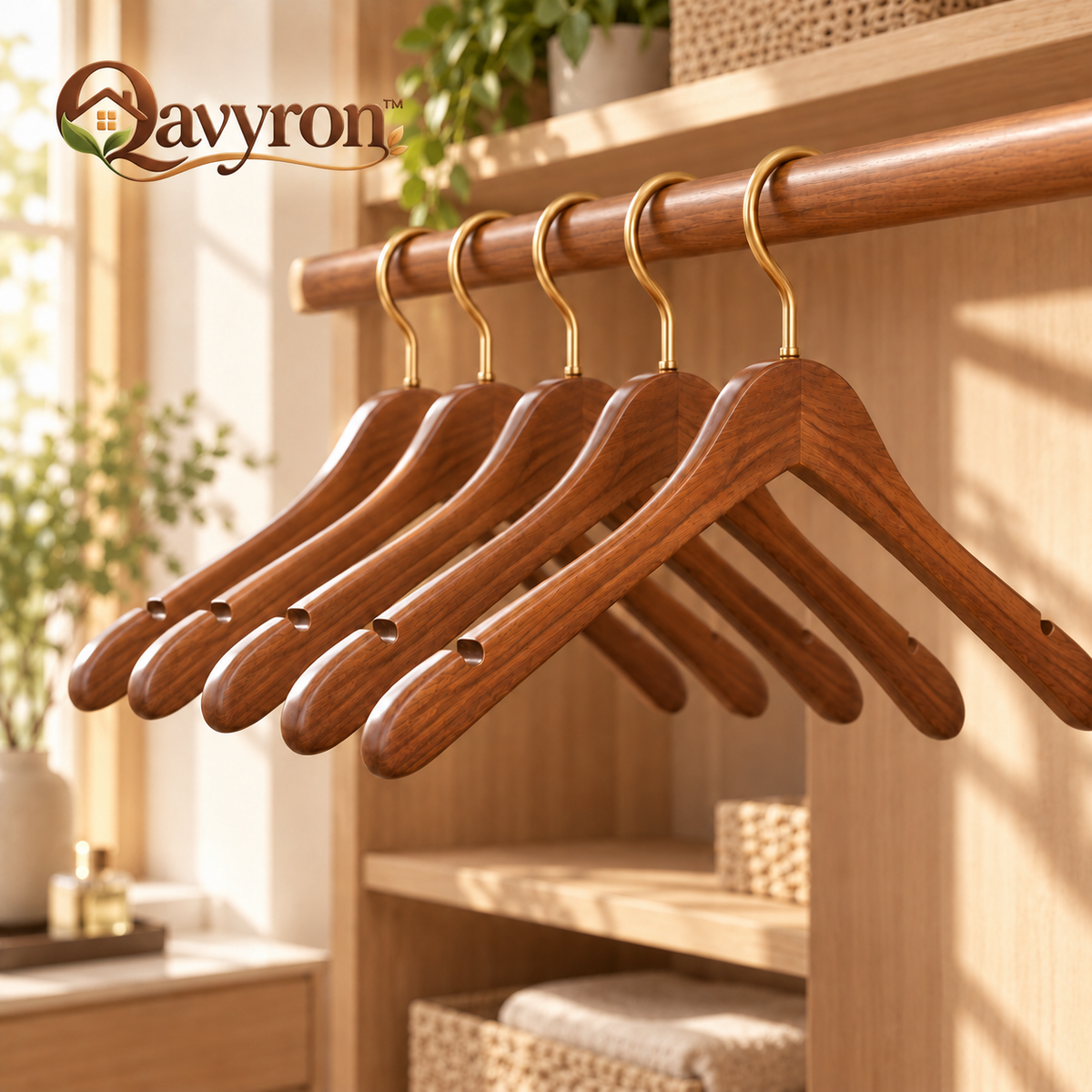 Qavyron™ Premium Wooden Clothes Hanger Set