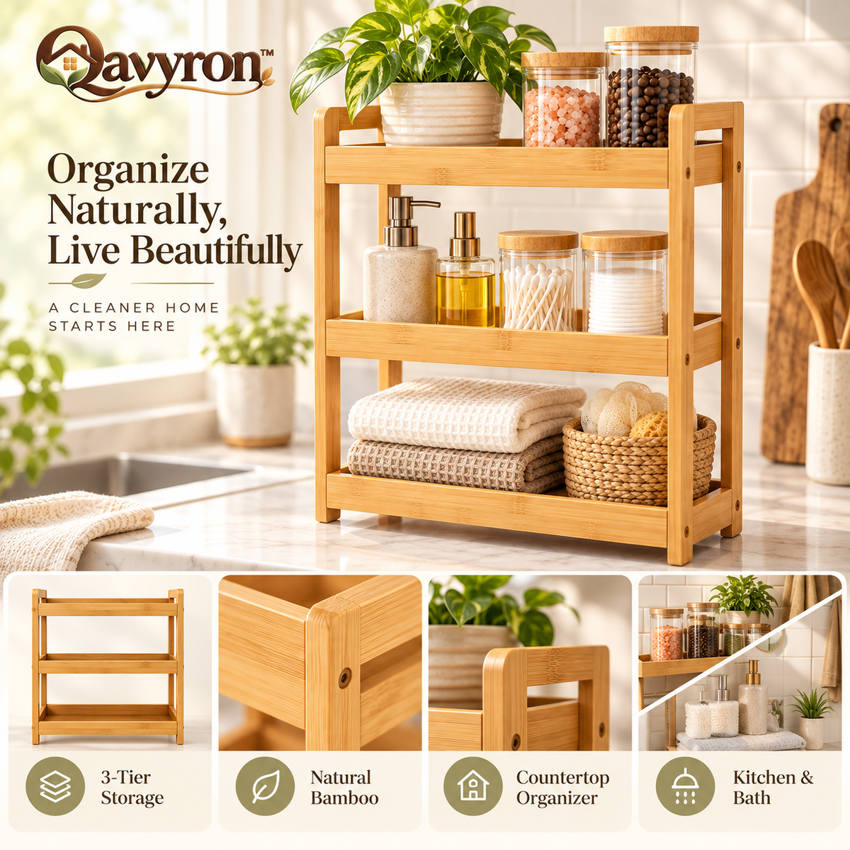 Qavyron™ 3-Tier Bamboo Countertop Organizer Rack