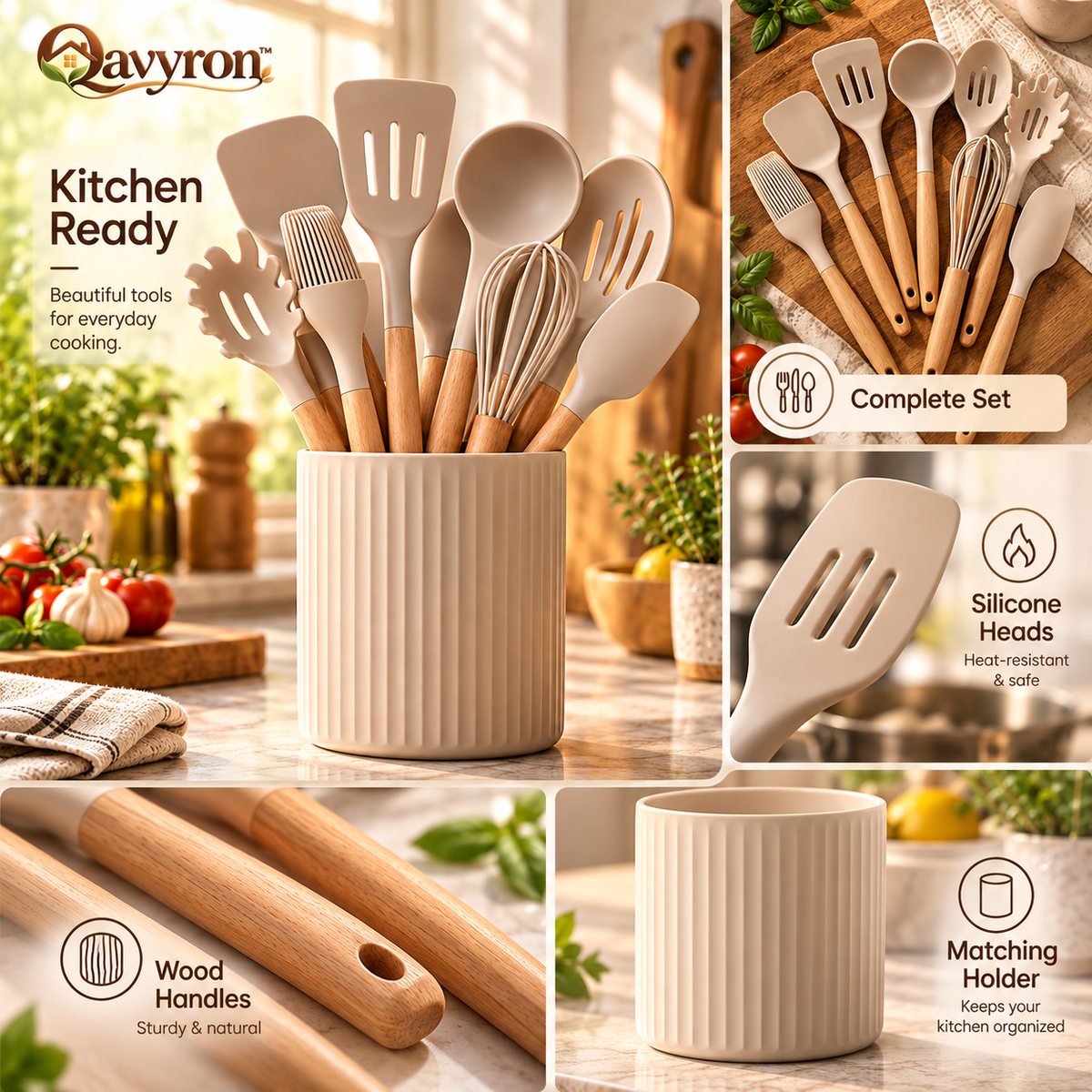 Qavyron™ Silicone Kitchen Utensil Set with Wooden Handles