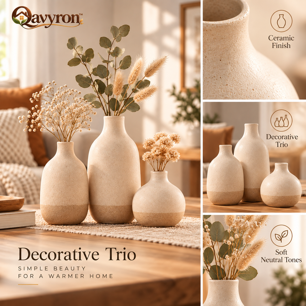 Qavyron™ Neutral Ceramic Decorative Vase Trio