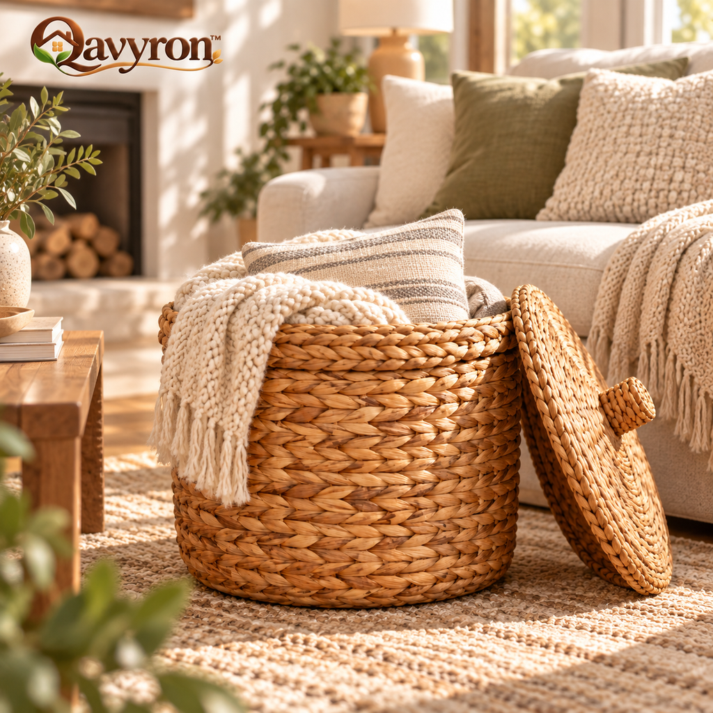 Qavyron™ Natural Woven Lidded Storage Basket
