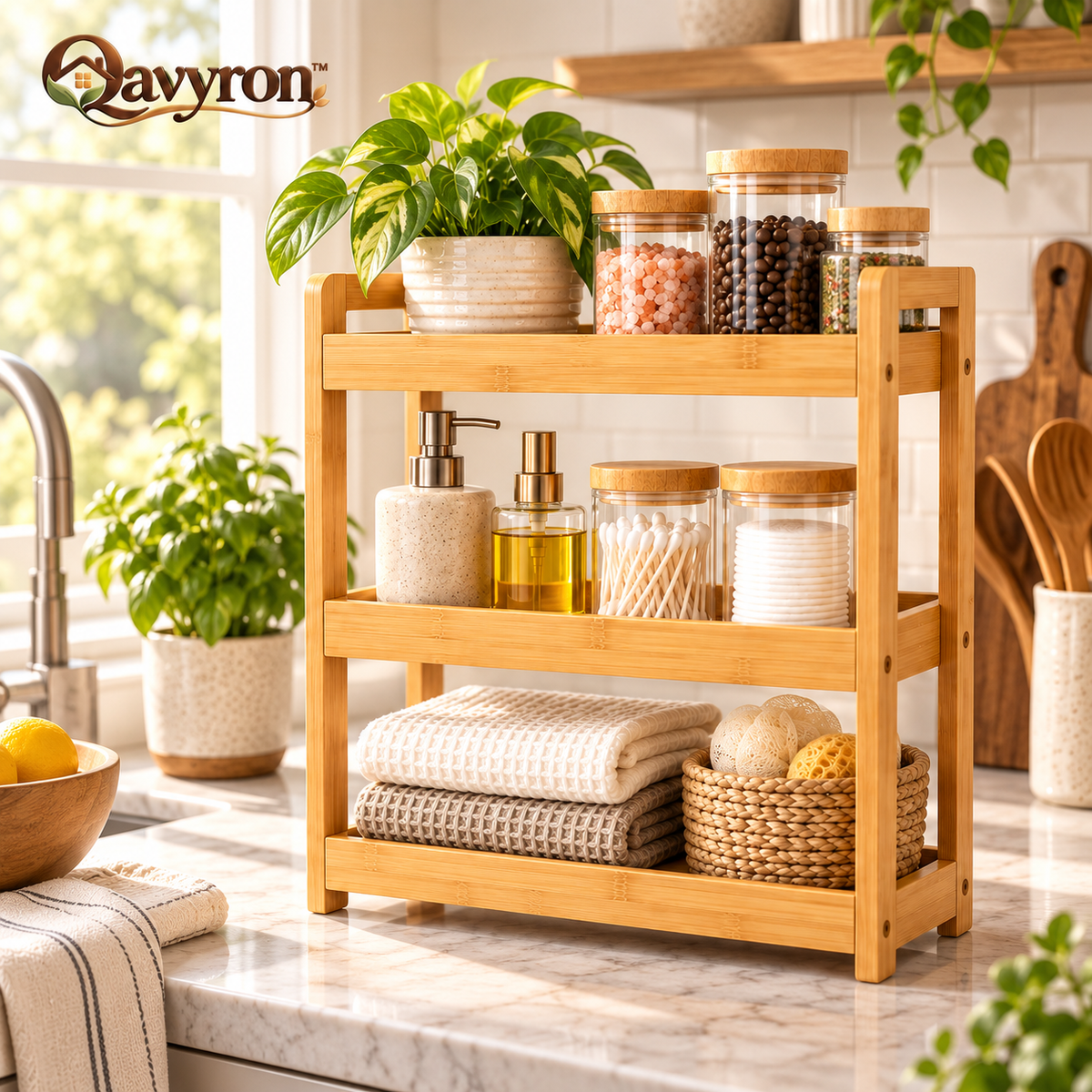 Qavyron bamboo countertop organizer in a warm home setting