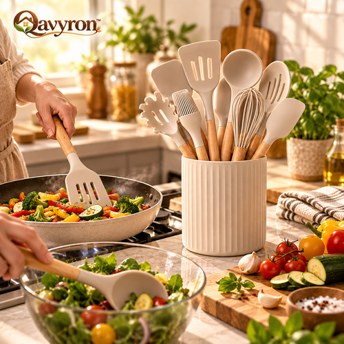 Qavyron™ Silicone Kitchen Utensil Set with Wooden Handles