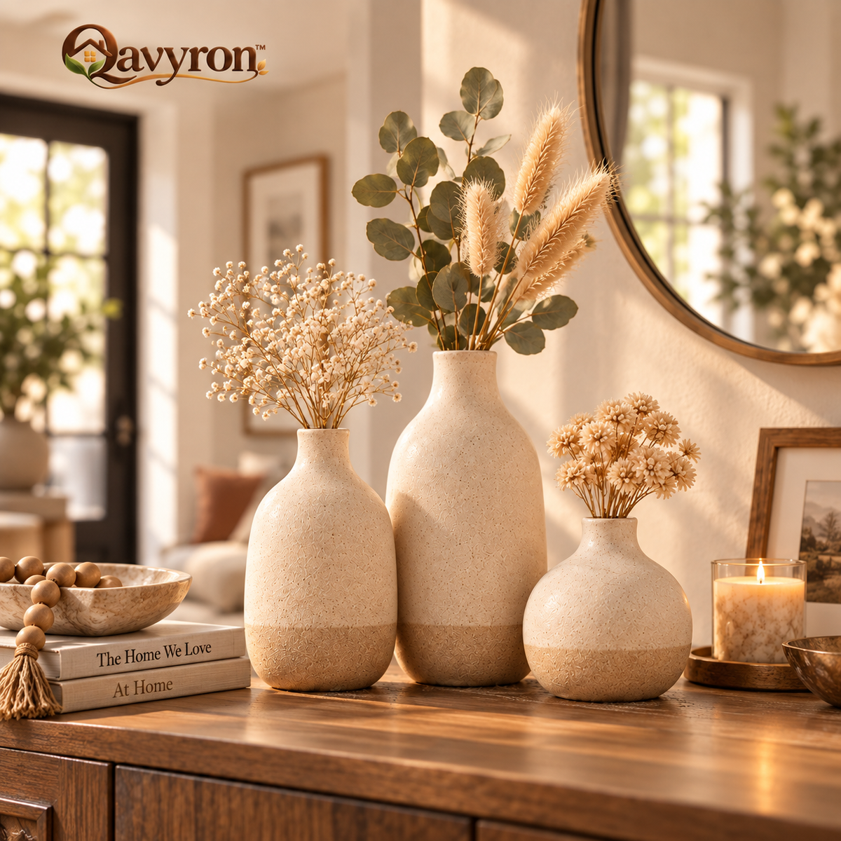 Qavyron ceramic vase trio on a warm console