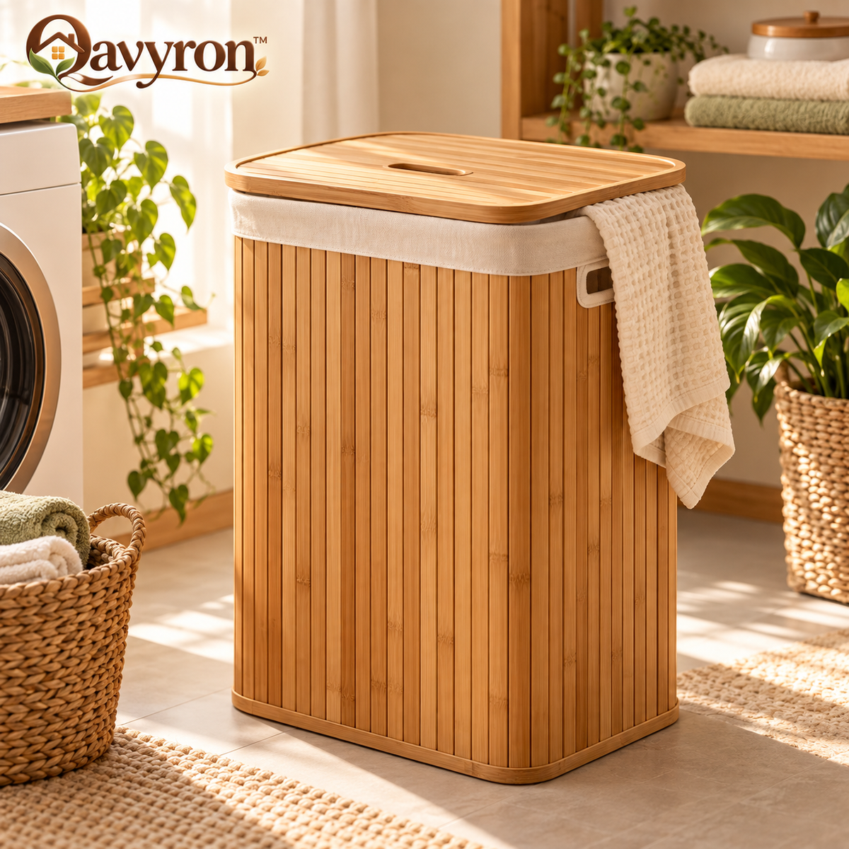 Qavyron™ Bamboo Laundry Hamper with Lid