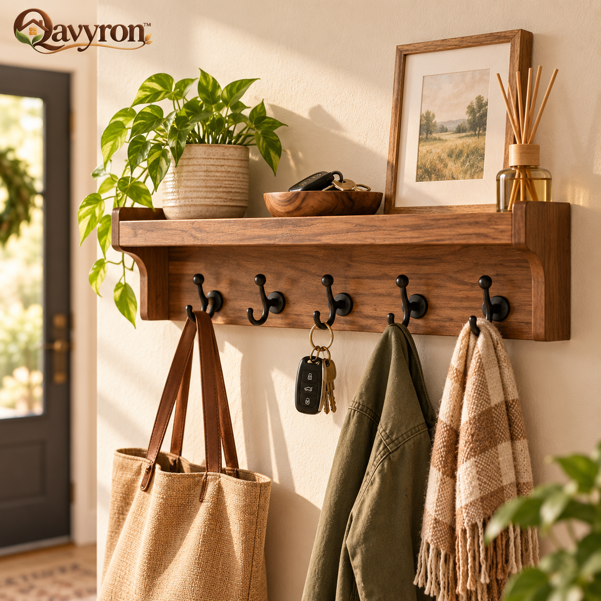 Qavyron™ Wooden Entryway Wall Shelf with 5 Hooks
