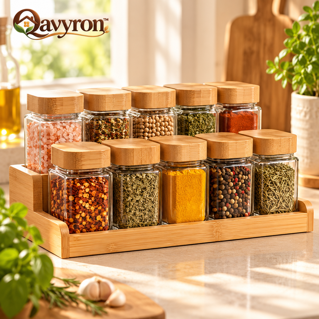 Qavyron™ 10-Piece Glass Spice Jar Set with Bamboo Lids & Rack