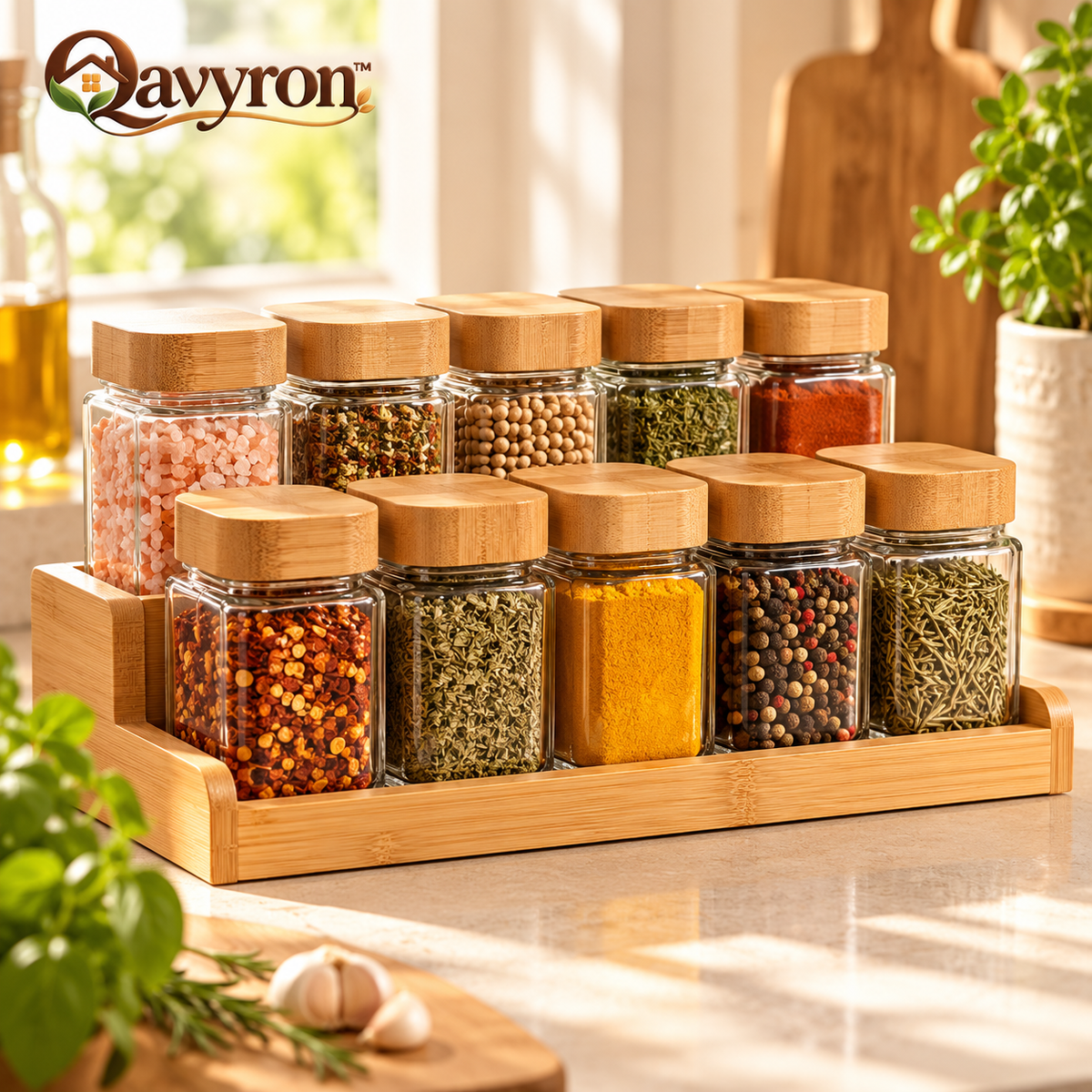 Qavyron™ 10-Piece Glass Spice Jar Set with Bamboo Lids & Rack