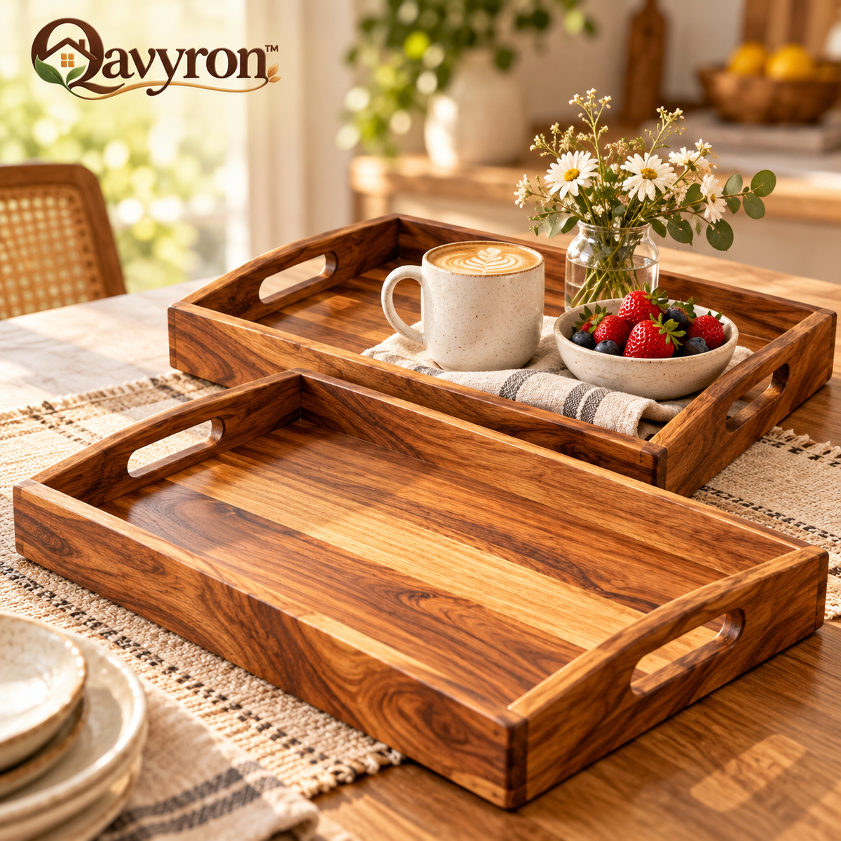 Qavyron™ Natural Wood Serving Tray with Cutout Handles