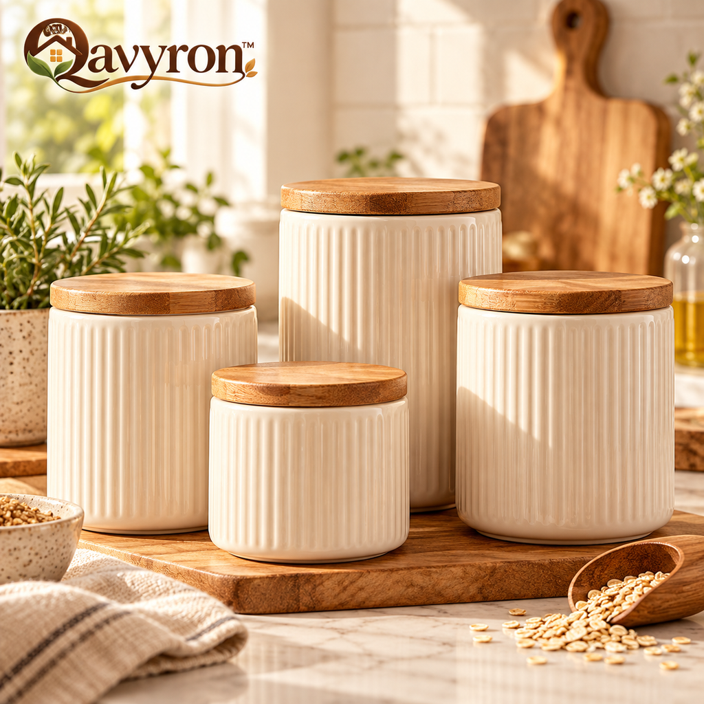 Qavyron™ Ribbed Ceramic Kitchen Canister Set with Bamboo Lids
