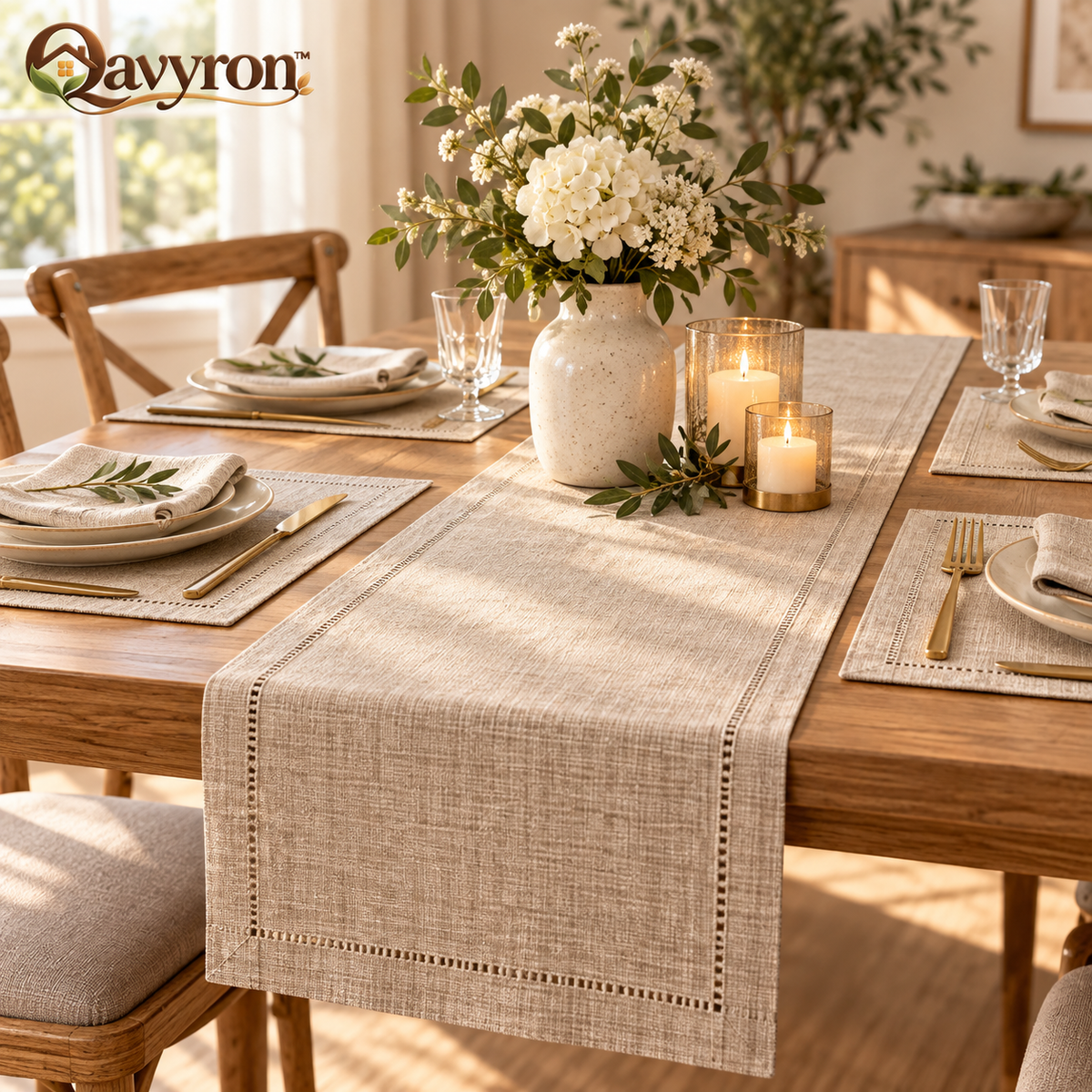 Qavyron™ Neutral Linen Table Runner with Hemstitched Detail