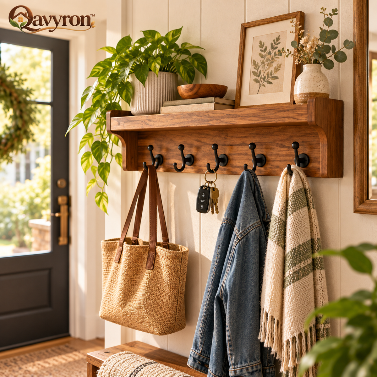 Qavyron™ Wooden Entryway Wall Shelf with 5 Hooks
