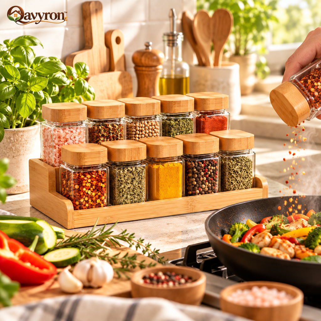Qavyron™ 10-Piece Glass Spice Jar Set with Bamboo Lids & Rack