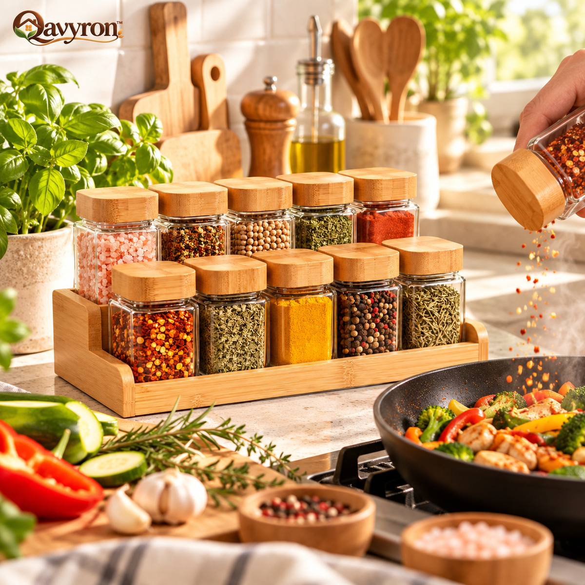 Qavyron™ 10-Piece Glass Spice Jar Set with Bamboo Lids & Rack