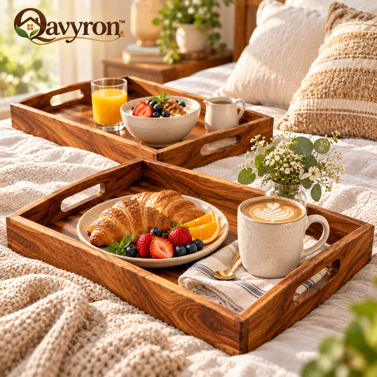 Qavyron™ Natural Wood Serving Tray with Cutout Handles