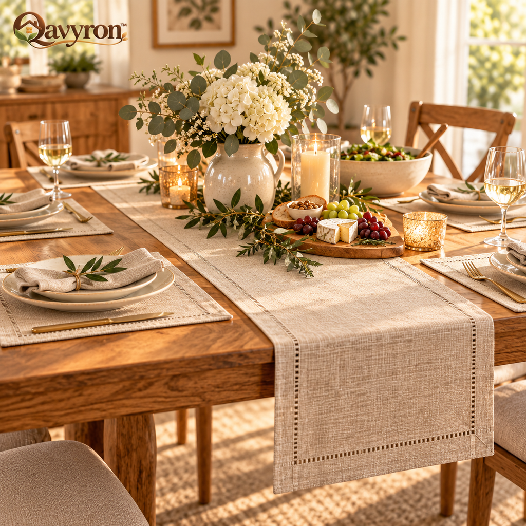 Qavyron™ Neutral Linen Table Runner with Hemstitched Detail