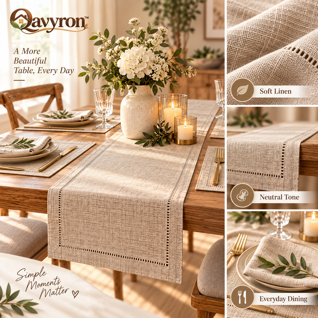 Qavyron™ Neutral Linen Table Runner with Hemstitched Detail