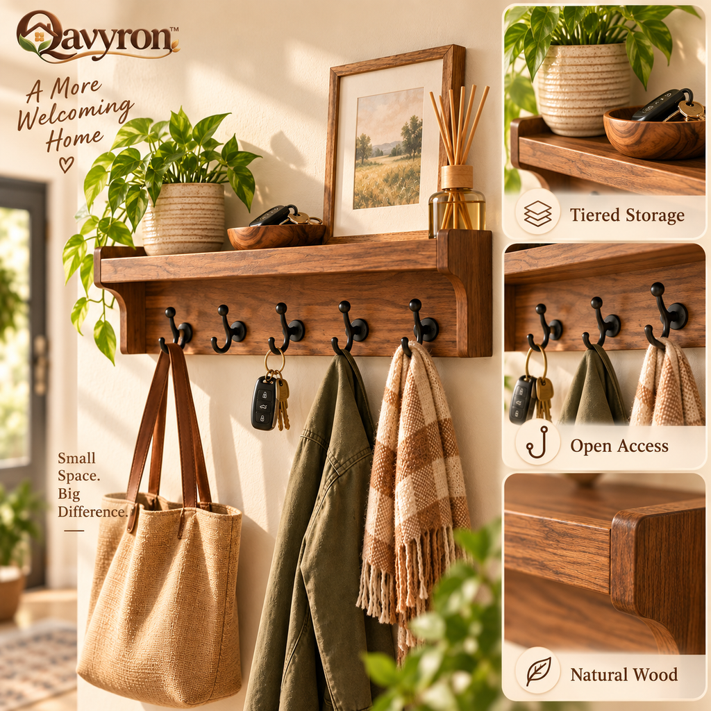 Qavyron™ Wooden Entryway Wall Shelf with 5 Hooks