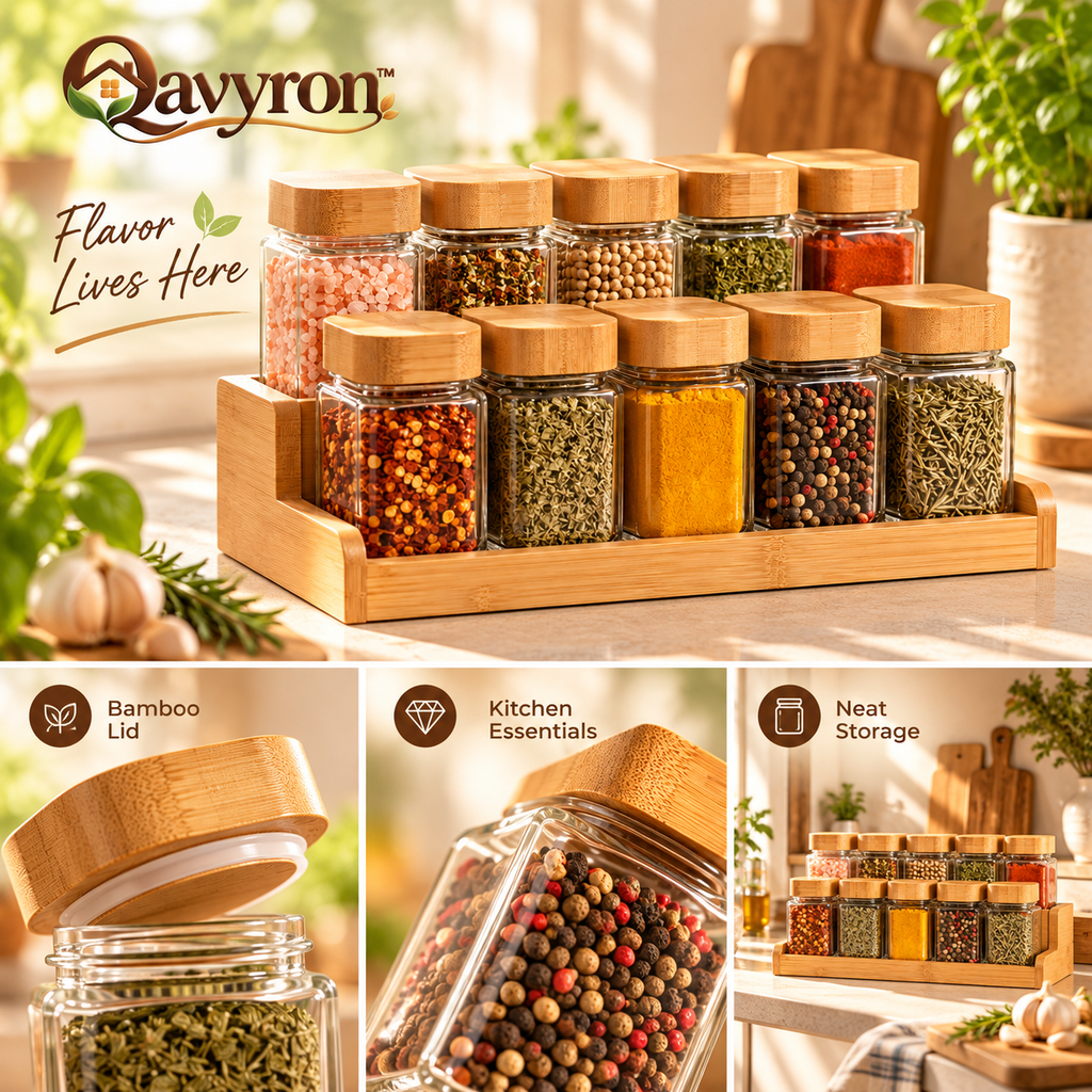 Qavyron™ 10-Piece Glass Spice Jar Set with Bamboo Lids & Rack