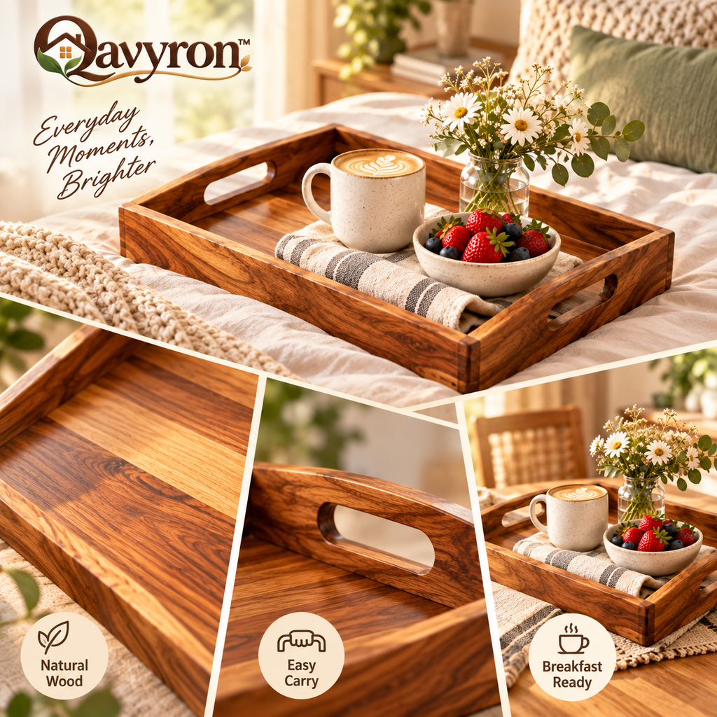 Qavyron™ Natural Wood Serving Tray with Cutout Handles