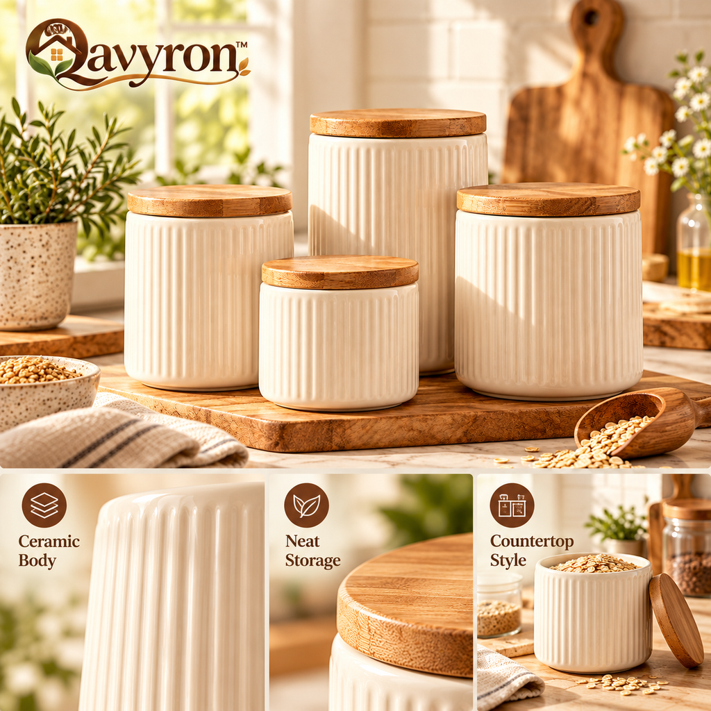 Qavyron™ Ribbed Ceramic Kitchen Canister Set with Bamboo Lids