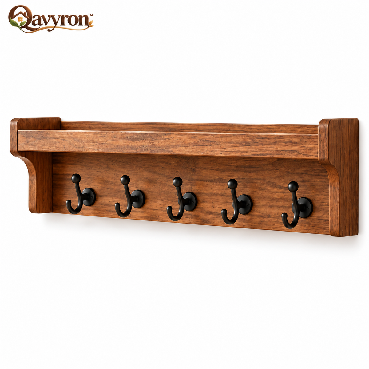 Qavyron™ Wooden Entryway Wall Shelf with 5 Hooks