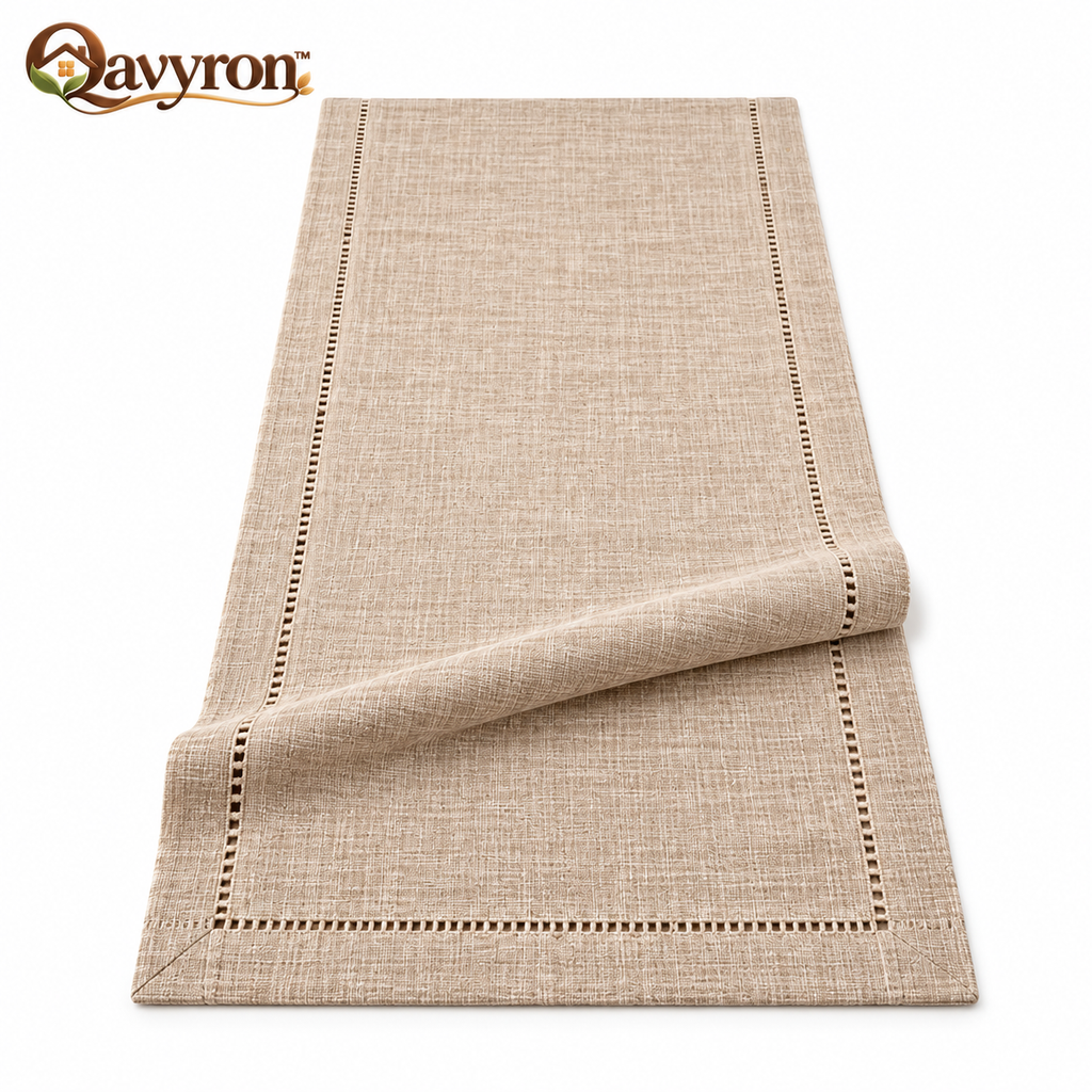 Qavyron™ Neutral Linen Table Runner with Hemstitched Detail
