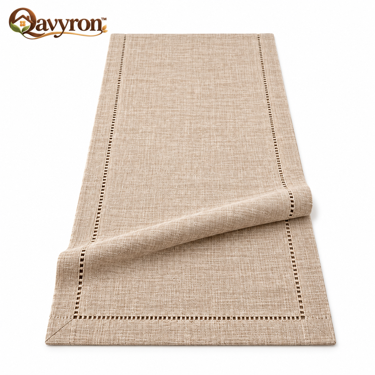 Qavyron™ Neutral Linen Table Runner with Hemstitched Detail