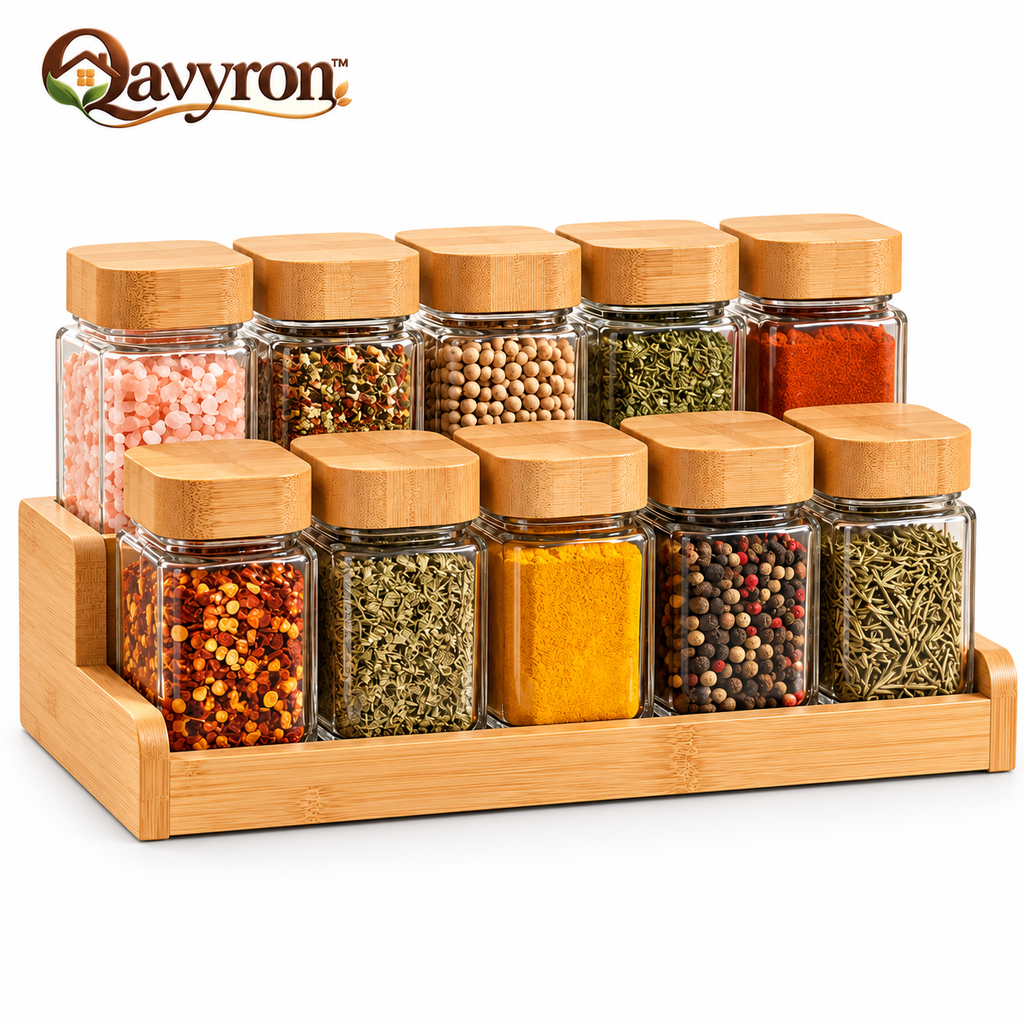 Qavyron™ 10-Piece Glass Spice Jar Set with Bamboo Lids & Rack