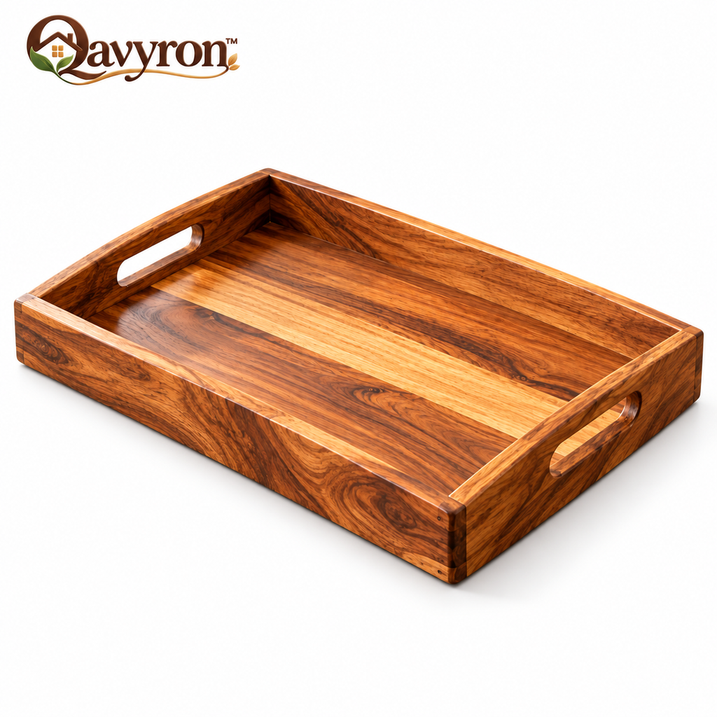 Qavyron™ Natural Wood Serving Tray with Cutout Handles