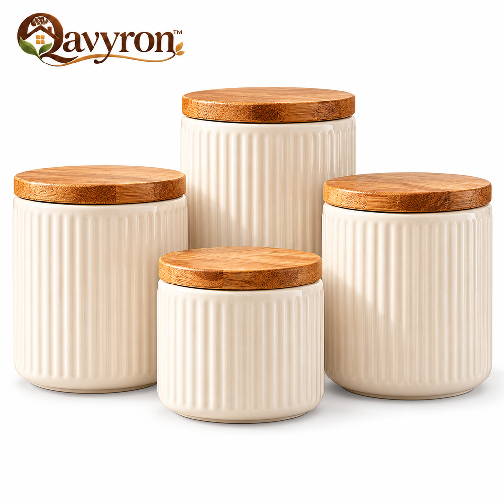 Qavyron™ Ribbed Ceramic Kitchen Canister Set with Bamboo Lids